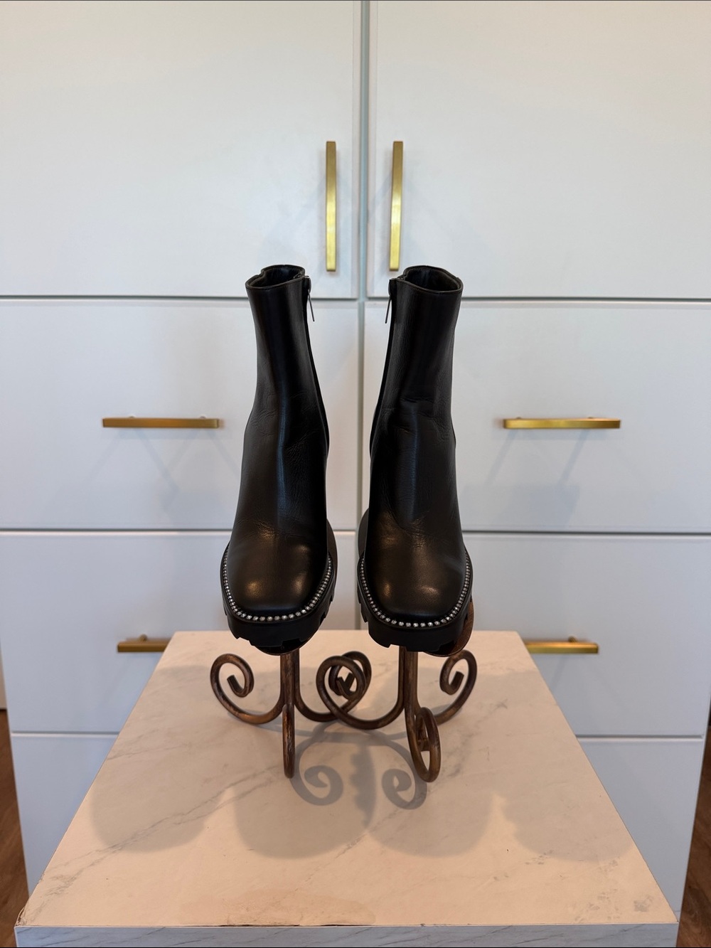 Jimmy Choo Black Leather Ankle Booties with Swarovski Crystals around Sole Trim